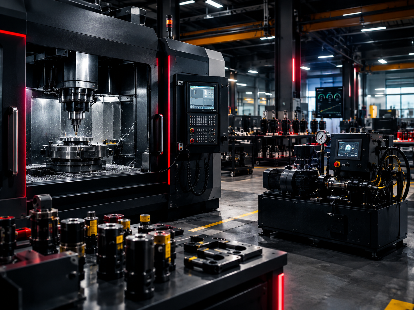 A hyper-realistic, dark industrial high-contrast photo of an advanced precision CNC machining center and hydraulic testing rigs inside a state-of-the-art manufacturing plant in Jamnagar.